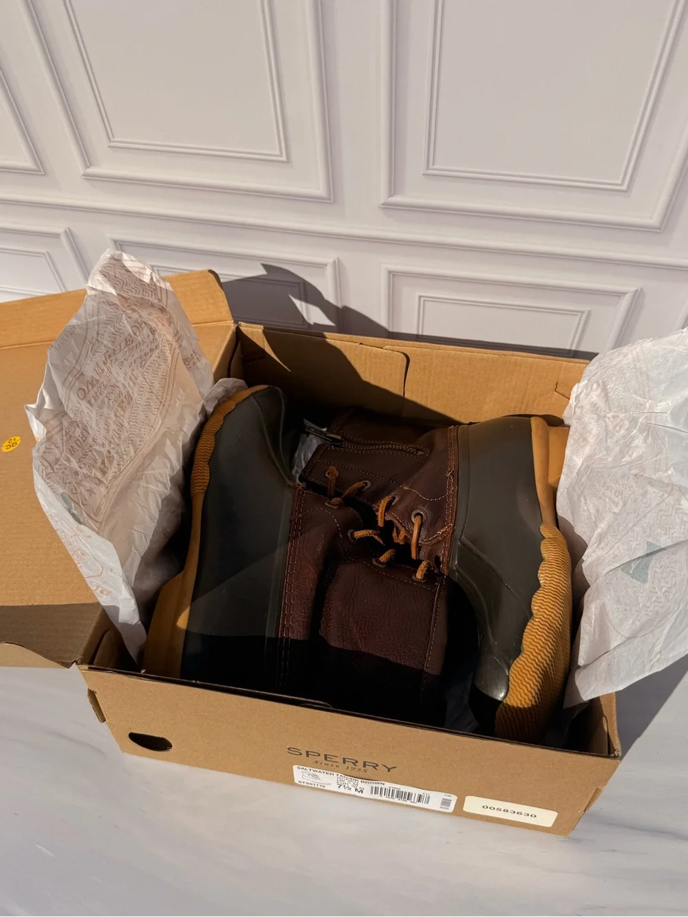 Sperry Women’s Two-Tone Brown and Black Duck Boots with Tan Sole